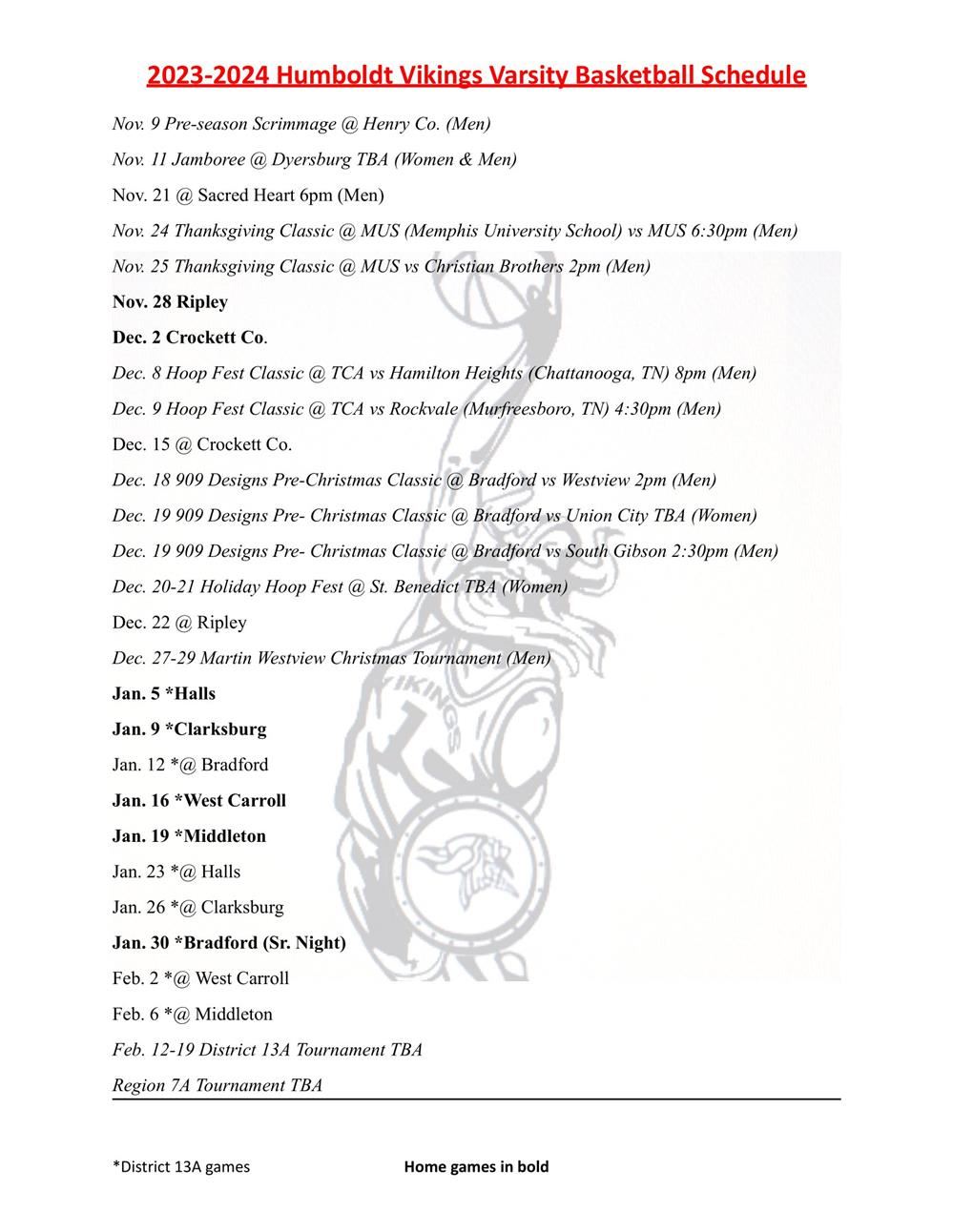 2023/24 Varsity Basketball Schedule
